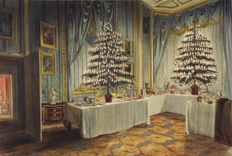 Christmas trees of the Duchess of Kent and the royal children at Windsor Castle, 1850. Artist: Roberts, James (1824-1867)