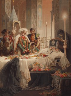 Tamara in the coffin. Illustration to the poem The Demon by Mikhail Lermontov, c. 1880. Artist: Zichy, Mihály (1827-1906)