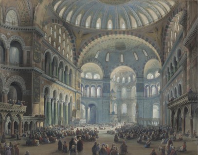 Interior of the Hagia Sophia in Constantinople. Artist: Bossoli, Carlo (1815-1884)