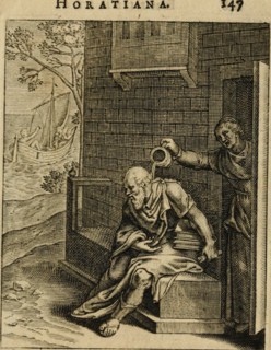 Xanthippe emptying a chamber pot over Socrates. (From Emblemata Horatiana), 1607. Artist: Veen, Otto van (1556-1629)