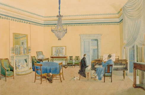 Interior with figures. The Music Room, 1830-1839. Artist: Anonymous