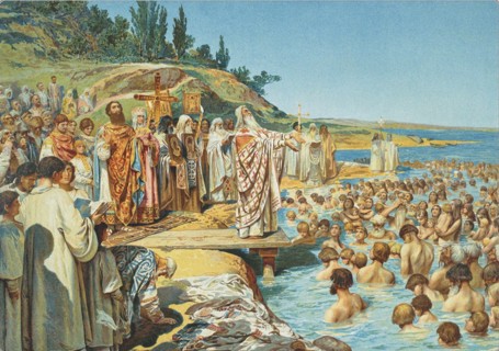 The baptism of the residents of Kiev in 988. Artist: Lebedev, Klavdi Vasilyevich (1852-1916)
