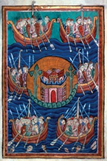 Viking ships arriving in Britain, ca 1130. Artist: Abbo of Fleury (c. 945-1004)