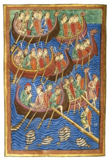 Viking ships arriving in Britain, ca 1130. Artist: Abbo of Fleury (c. 945-1004)