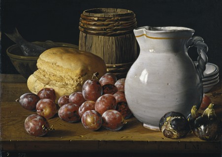 Still life with plums, figs, bread and jug, Second Half of the 18th century. Artist: Meléndez, Luis Egidio (1716-1780)