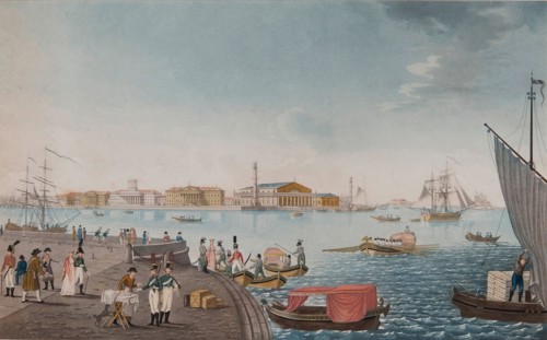 View of the Neva River and the Stock exchange in Saint Petersburg, Early 1800s. Artist: Anonymous