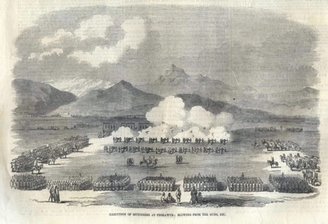 Blowing from guns in British India, 1857. Artist: Anonymous