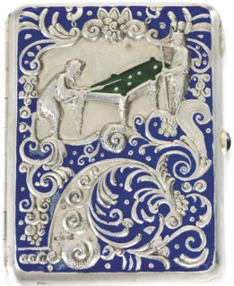 Cigarette case with two satyrs playing Russian billiard, 1884. Artist: Russian master
