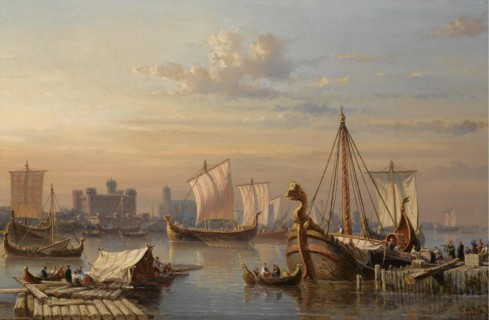 Viking ships on the River Thames, Mid of the 19th century. Artist: Koster, Everhardus (1817-1892)