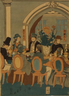 Banquet of five nations (Yokohama club), 1861. Artist: Utagawa, Yoshitomi (active 1850-1870)
