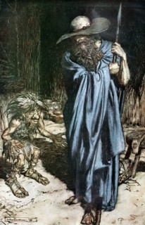 Mime and the Wanderer. Illustration for Siegfried and The Twilight of the Gods by Richard Wagner,  Artist: Rackham, Arthur (1867-1939)