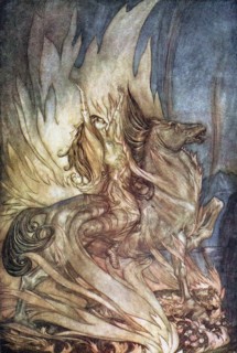 Brünnhilde on Grane leaps onto the funeral pyre of Siegfried. Illustration for Siegfried and The Tw Artist: Rackham, Arthur (1867-1939)
