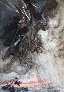 Furiously Wotan is riding to the rock. Illustration for The Rhinegold and The Valkyrie by Richard  Artist: Rackham, Arthur (1867-1939)