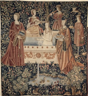 Woman Bathing surrounded by Attendants (Tapestry series La Vie Seigneuriale), c. 1500. Artist: Anonymous master