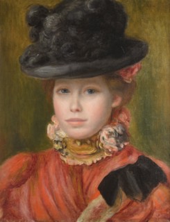 Girl in black hat with red flowers, c. 1890. Artist: Renoir, Pierre Auguste (1841-1919)