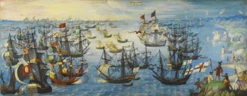 The Spanish Armada off the south coast of England, 1588. Artist: Monogrammist VHE (active ca 1600)
