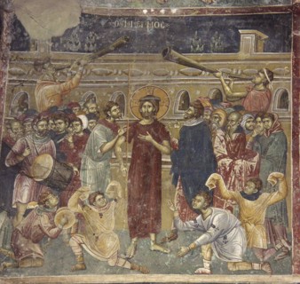 The Mocking of Jesus (scene of the musicians), ca 1317. Artist: Chrostiras Michael (Mihailo) and Eftichios (Evtihij) (aktiv um 1312-1320)