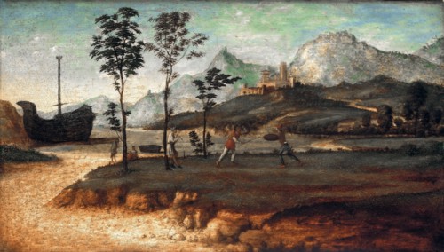Coastal Landscape with two men fighting, c. 1510. Artist: Cima da Conegliano, Giovanni Battista (ca. 1459-1517)