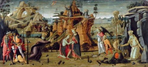 Landscape with biblical scenes and legends of the saints. Artist: Jacopo del Sellaio (1442-1493)