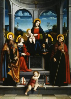 Virgin and Child with Saints Benedict, Justina, Placidus and Scholastica, ca 1515. Artist: Francia, Francesco (1450-1517)