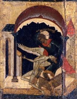 Saint Nicetas Vanquishing Satan (Detail), 16th century. Artist: Russian icon