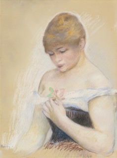 Young Woman Holding A Flower. Portrait of the actress Jeanne Samary, c. 1880. Artist: Renoir, Pierre Auguste (1841-1919)
