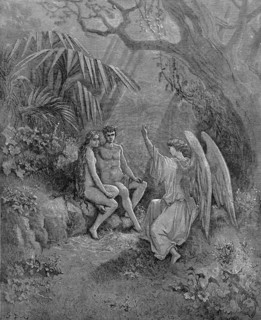 Raphael talks to Adam and Eve. Illustration for John Milton's Paradise Lost, 1866. Artist: Doré, Gustave (1832-1883)