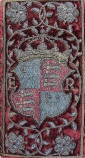Embroidered velvet binding on John Udall's Sermons with the arms of Elizabeth I, 1596. Artist: Anonymous master