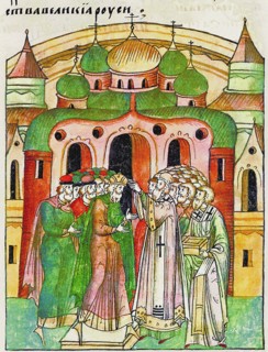 Vladimir Vsevolodovich crowned by Bishop Neophytos with Monomakh's Cap. (From the Illuminated Compil Artist: Anonymous