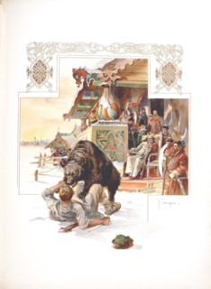 Bear baiting. Illustration for The Grand Ducal, Tsarist and Imperial Hunting in Russia by N. Kutepov Artist: Samokish, Nikolai Semyonovich (1860-1944)