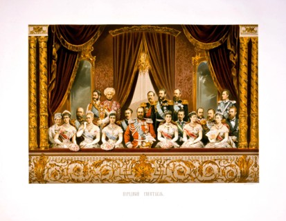 The group portrait at the Bolshoi Theater. Coronation of Empreror Alexander III and Empress Maria Fy Artist: Alexandrovsky, Stepan Fyodorovich (1843-1906)