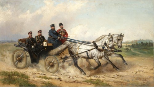 Tsar Alexander III and Kaiser Wilhelm II in a landau, 1888. Artist: Sverchkov, Nikolai Yegorovich (1817-1898)