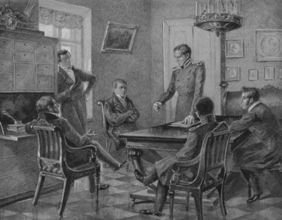 Pavel Pestel speech at the meeting of the Northern Society of the Decembrists in Petersburg, 1936. Artist: Goldstein, Konstantin Mikhailovich (1881-1944)