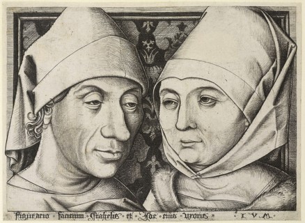 Self-Portrait with wife Ida, c. 1490. Artist: Meckenem, Israhel van, the Younger (ca 1440-1503)