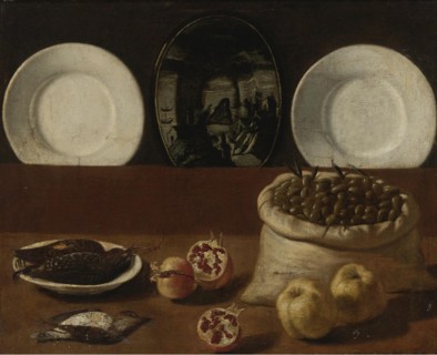 Still life with plates, a sack filled with olives, game, pomegranates, and quince. Artist: Barbieri, Paolo Antonio (1603-1649)