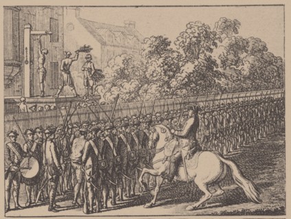 Running the gauntlet. Illustration from Elementartwerk by J.B. Basedow, 1774. Artist: Chodowiecki, Daniel Nikolaus (1726-1801)