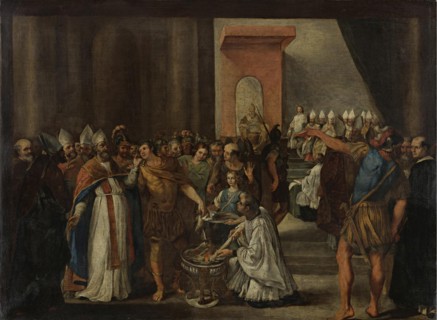 Emperor Constantine burning Arian books, 1640s. Artist: Magnone, Carlo (?-1653)