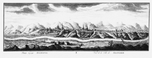 View of Krasnoyarsk, ca 1735. Artist: Lürsenius, Johann Wilhelm (1704-1771)