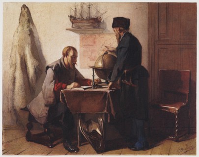 Jacob van Heemskerk and Willem Barendsz. plan their trip to the Arctic in 1594. Artist: Bisschop, Christoffel (1828-1904)