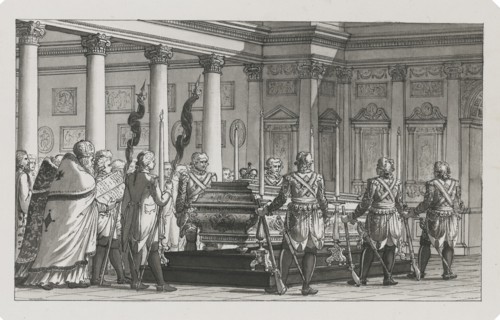 The Emperor Paul I Lying in State with a guard of honour. Artist: Quarenghi, Giacomo Antonio Domenico (1744-1817)