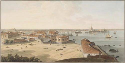 View to the Spit of Vasilyevsky Island and Peter and Paul Fortress, Between 1802 and 1805. Artist: Atkinson, John Augustus (1775-1831)