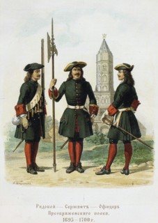 Dress uniforms of the Preobrazhensky Regiment in 1695-1700, 1901-1904. Artist: Charlemagne, Adolf (1826-1901)