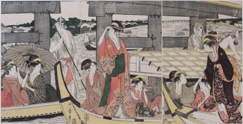On top and beneath Ryogoku Bridge, c. 1796. Artist: Utamaro, Kitagawa (1753-1806)