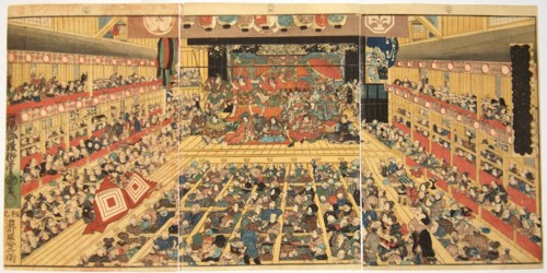 Odori-keiyo Edo-e no Sakae: Theatre interior with Shibaraku performance, 1858. Artist: Kunisada (Toyokuni III), Utagawa (1786-1865)