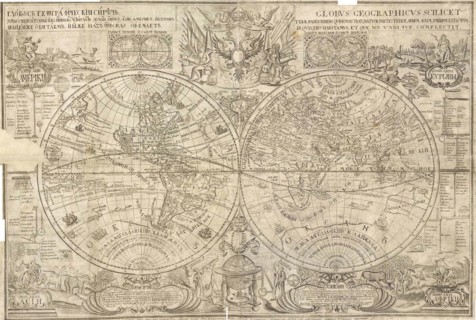 Double hemisphere map of the World, 1707. Artist: Kiprianov, Vasily Anufrievich (1669-after 1723)
