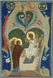 Three Maries and the Fiery Angel at the Tomb. Initial, ca 1310. Artist: Anonymous