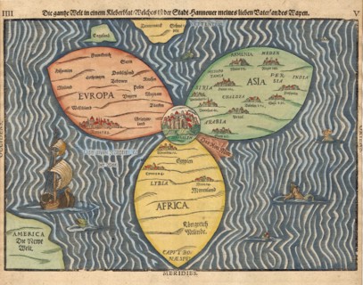 The three continents with Jerusalem in the center of the World, 1581. Artist: Bünting, Heinrich (1545-1606)
