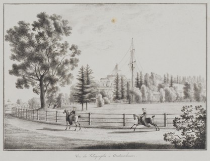View of the Tobogganing Pavilion and the Telegraph at Oranienbaum, 1821-1822. Artist: Martynov, Andrei Yefimovich (1768-1826)