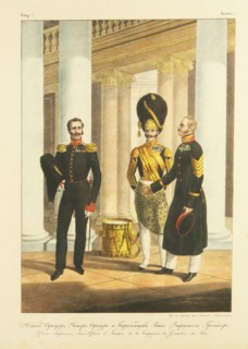 Staff Officer, Non-commissioned Officer, and Drummer of the Palace Guard Grenadiers, c. 1830. Artist: Alexandrov, Pyotr Alexandrovich (1794-?)
