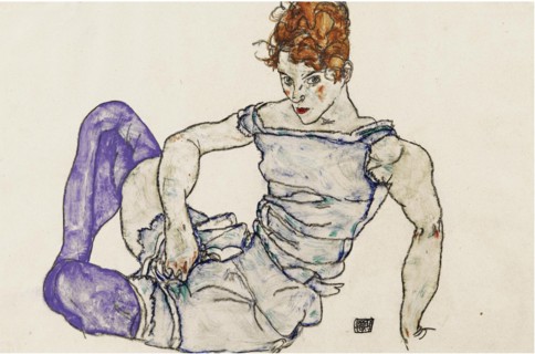 Seated woman in violet stockings, 1917.